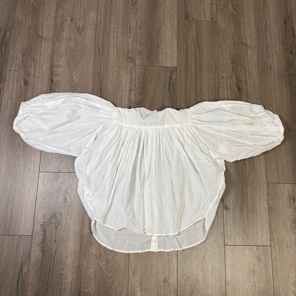 Madewell Shirred Balloon Sleeve Crewneck Button-Up Top WMNS M White Lightweight - Picture 4 of 8